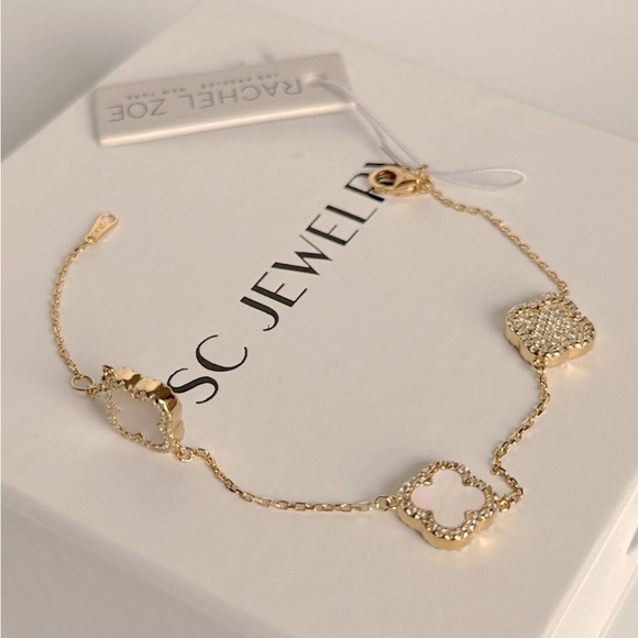 Rachel Zoe Clover Bracelet Mother of Pearl &Cubic Zirconia 925 Sterling Silver - Picture 4 of 8